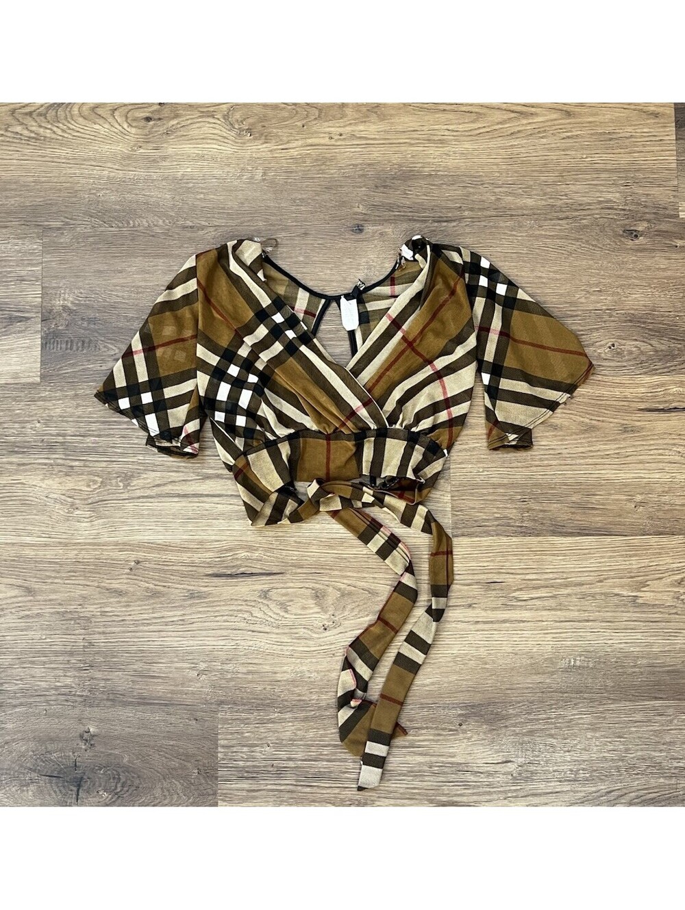 VTG Plaid Wrap Crop Top Short Sleeve Mesh Sheer Brown Check Y2K Made In U.S.A